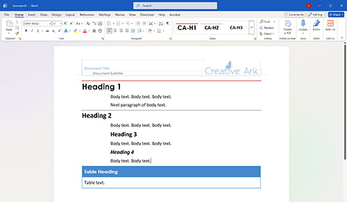 Jessica Kavanagh's example of Creative Ark's customized Word template.